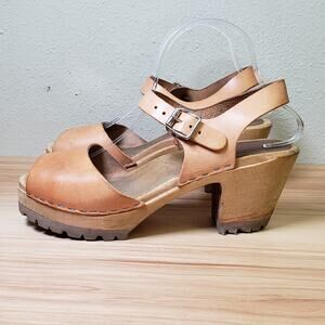 MIA Women's 40 Greta Swedish Wooden Heel Clog Beige Tan Scandi Cottagecore Boho